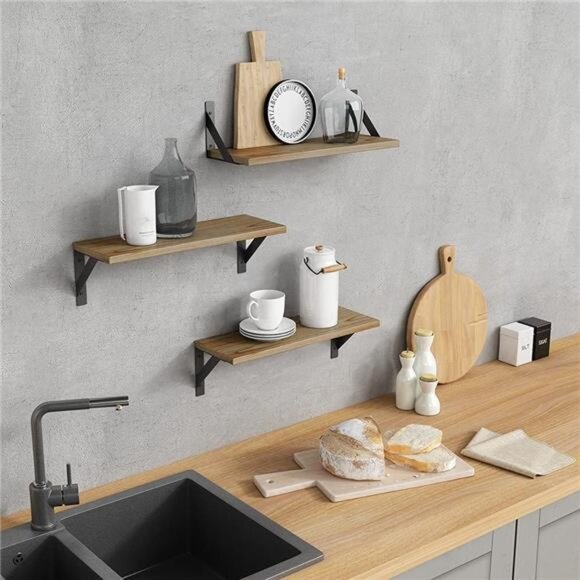 Floating Shelves with Black Metal Brackets Set of 3, Light Wood Wall Bookshelf - Picture 2 of 8
